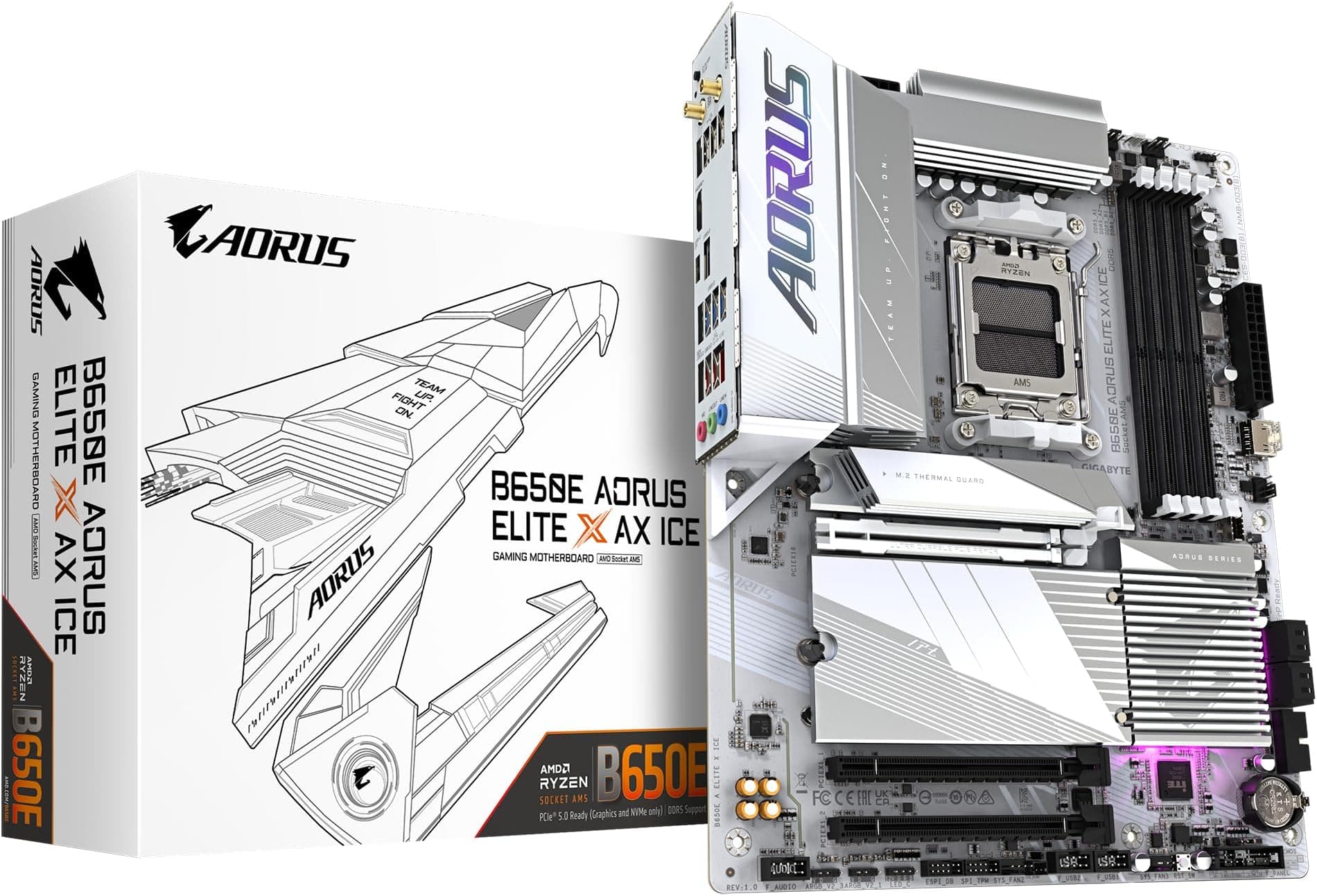 Gigabyte B650E AORUS ELITE X AX ICE Motherboard - Supports AMD Ryzen 8000 CPUs, 12+2+2 phases VRM, up to 8000MHz DDR5 (OC), 1xPCIe 5.0 M2 + 2xPCIe 4.0 M.2, Wi-Fi 6E, 2.5GbE LAN, USB 3.2 Gen 2