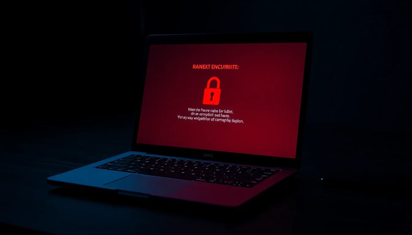 A Windows 11 laptop displaying ransomware encryption warning on screen with warning symbol and lock icon, sitting on dark desk with red alert lighting casting dramatic shadows, tense urgent atmosphere