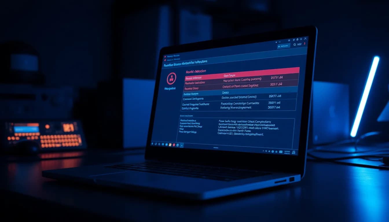 Windows 11 desktop showing Malwarebytes scanner interface with rootkit detection results highlighted in red, isolated secure lab environment with clean lighting and focused professional atmosphere