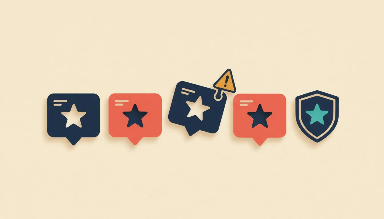 Illustration for reporting fake Google reviews: a row of star review cards with one tilted card flagged by a warning triangle, beside a shield
