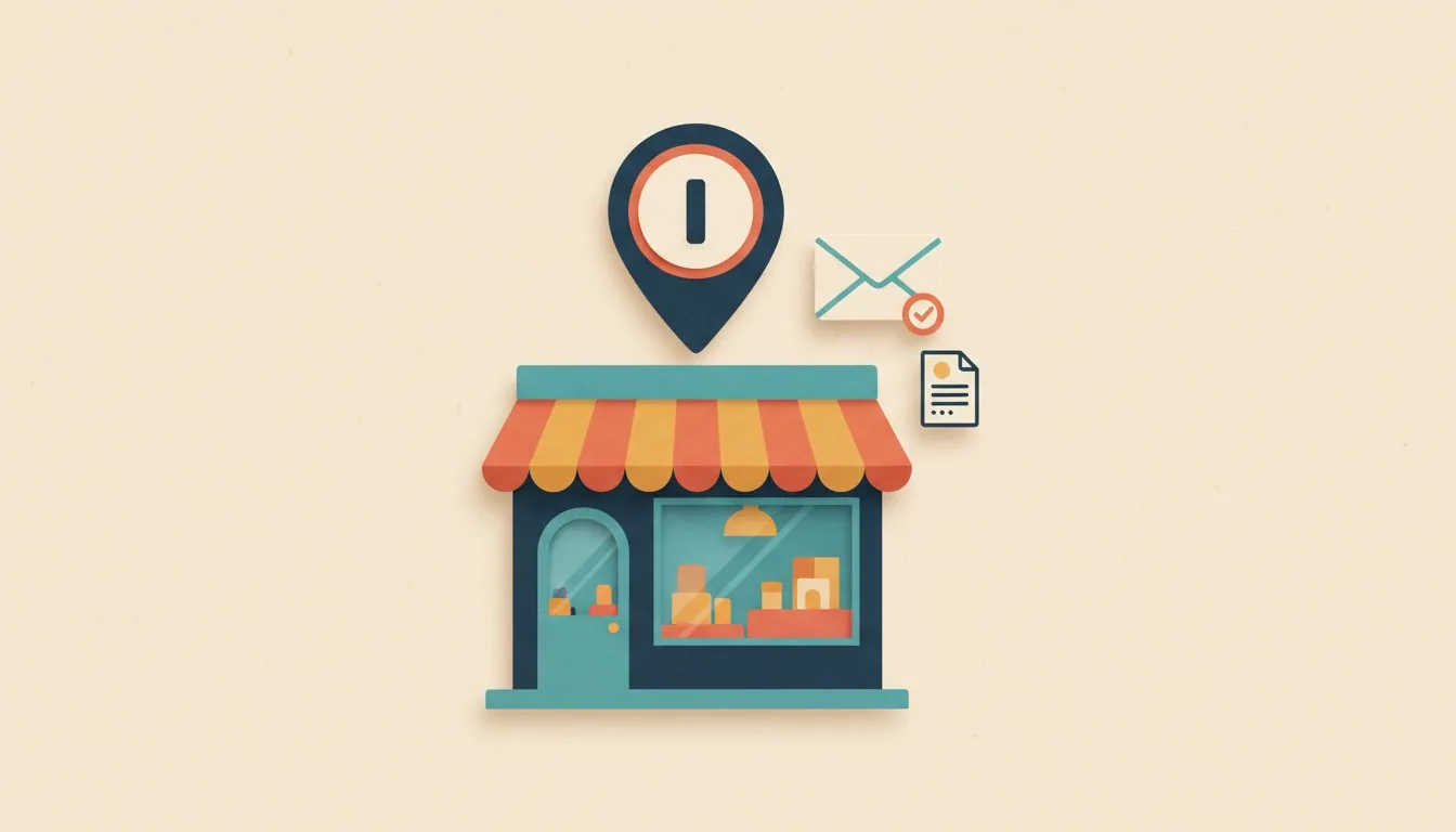 Illustration for a suspended Google Business Profile: a small shop with a striped awning under a map pin marked with an exclamation point, with an envelope and a document beside it