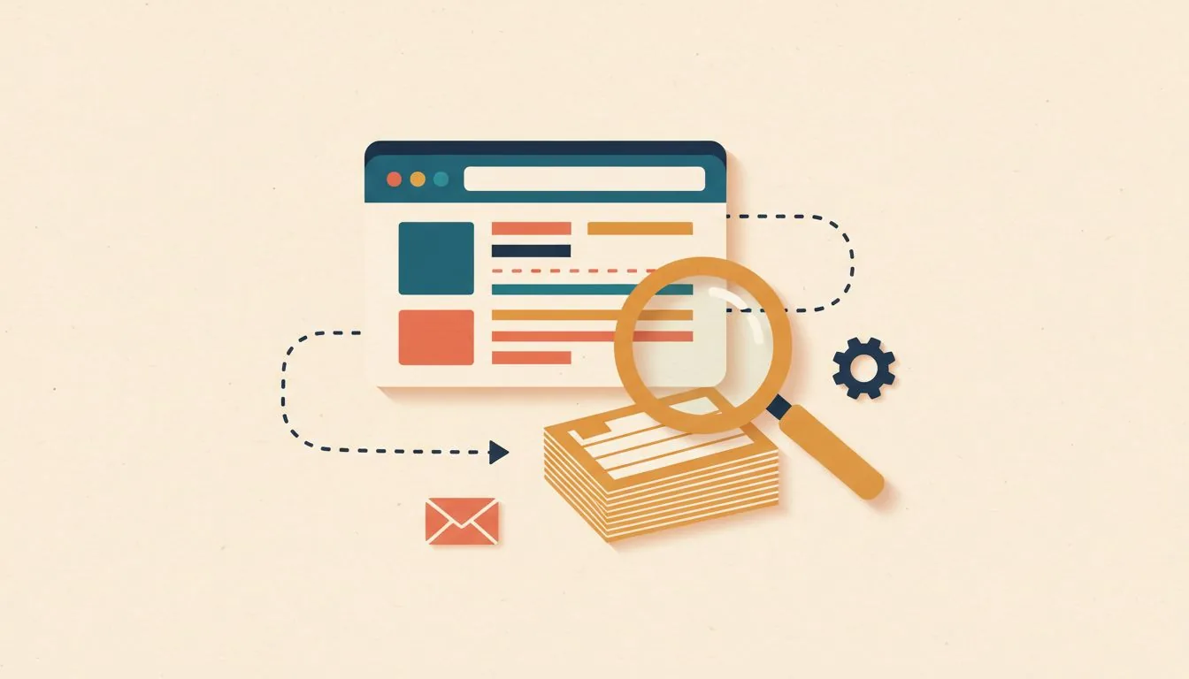 Illustration for getting a website on Google: a simple website window joined by a dotted path to a magnifying glass resting on a stack of index cards