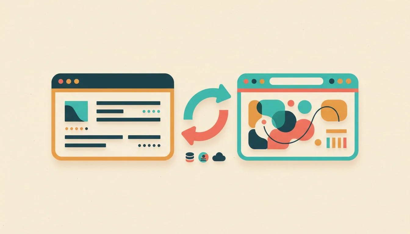 Illustration for keeping rankings through a new website: an older website window and a redesigned one joined by two curved arrows