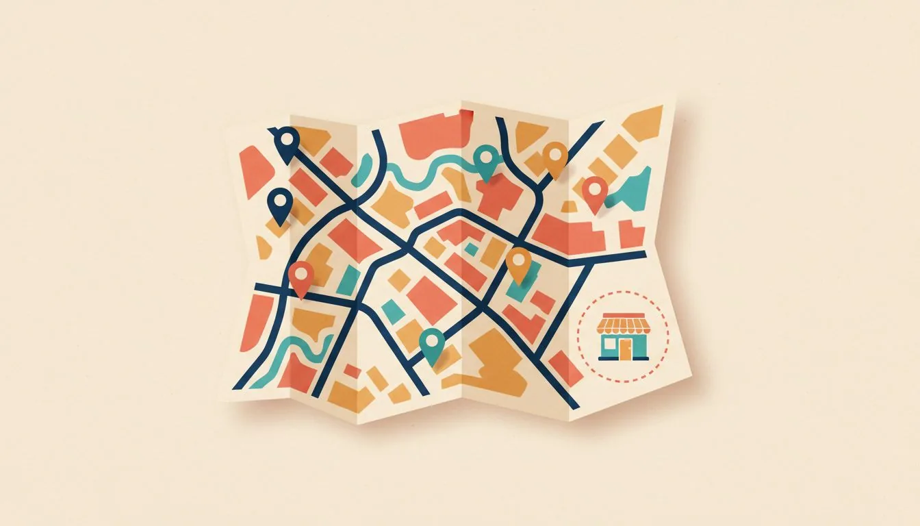Illustration for a business not showing on Google Maps: a folded street map with map pins, and one small shop circled with a dashed line where its pin should be