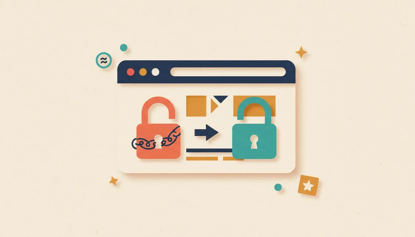 Illustration for a website showing Not secure: a browser window with an open, chained red padlock on one side and a closed teal padlock on the other