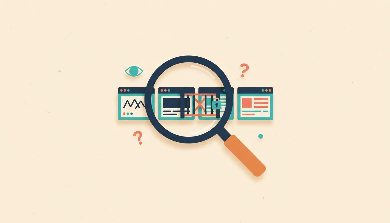 Illustration for a website not showing on Google: a magnifying glass passing over a row of website windows, one of them barred and padlocked