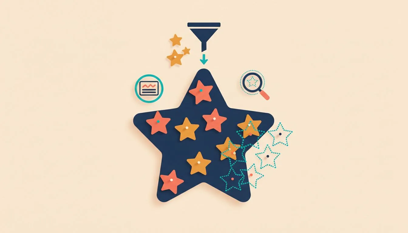Illustration for Google reviews that disappeared: a large star covered in small review stars, some faded to dotted outlines, under a filter funnel