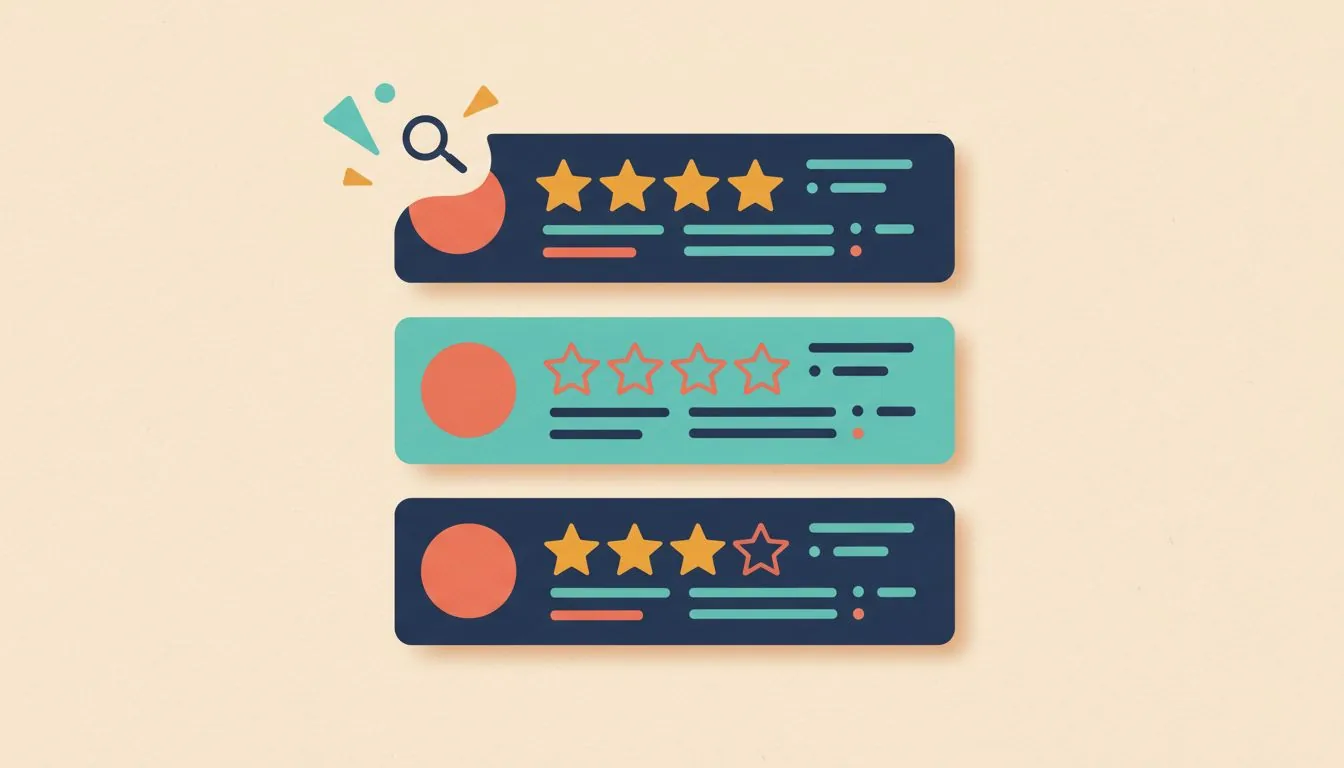 Illustration for star ratings not showing in Google: three search result cards, one with gold stars and one with empty star outlines