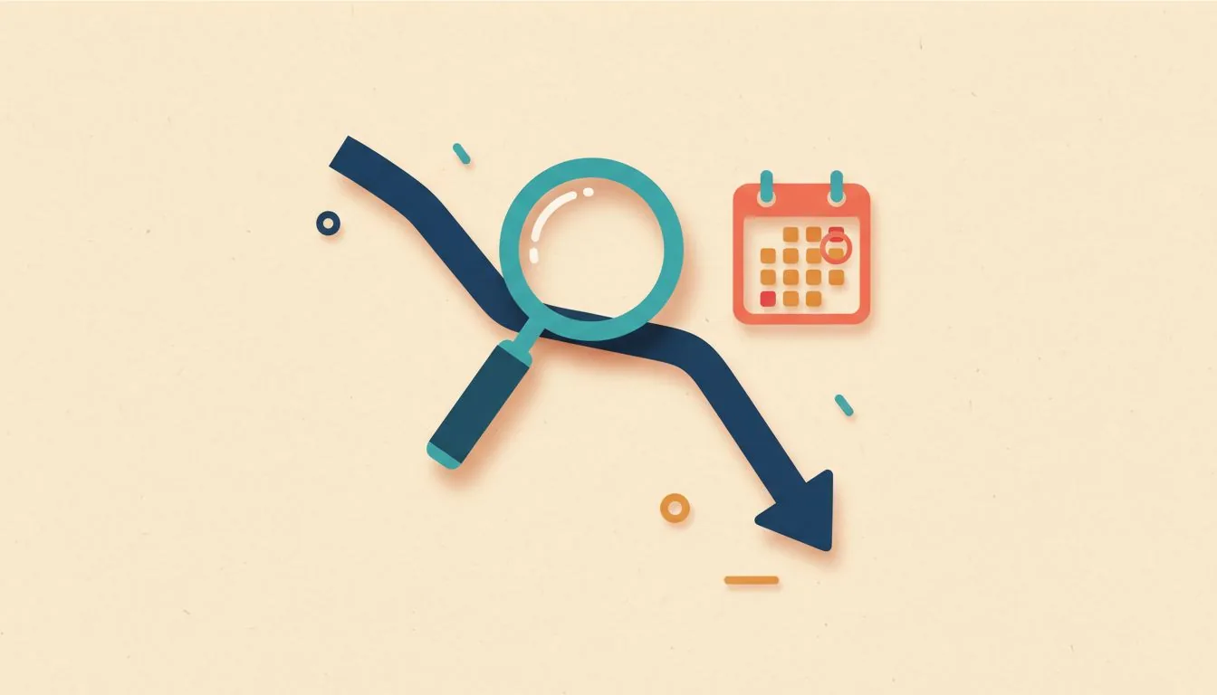 Illustration for a sudden drop in website traffic: a falling line examined through a magnifying glass, with a calendar beside it
