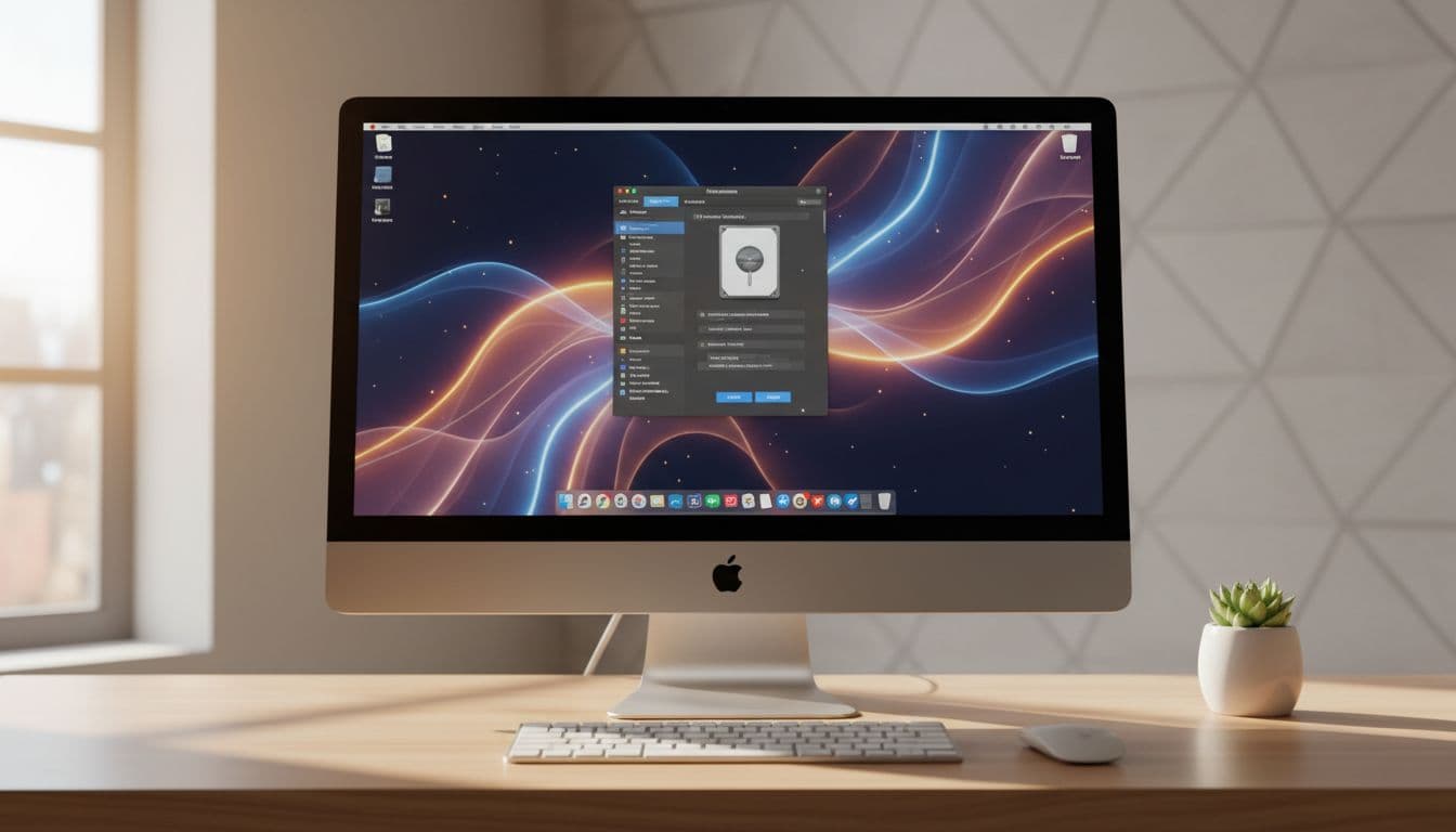 A 2020 Intel iMac on a clean desk showing the Boot Camp Assistant partition screen in macOS