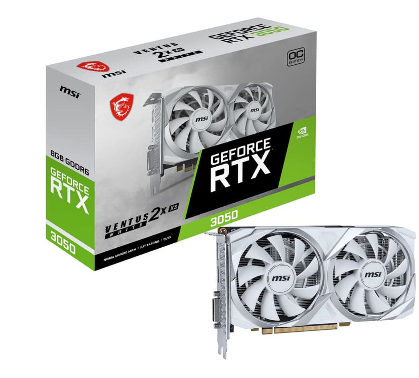 MSI GeForce RTX 3050 VENTUS 2X XS WHITE 8G OC Gaming Graphics Card - 8GB GDDR6, 1807 MHz, PCI Express Gen 4, 128-bit, 1x DP (v1.4a), 1x HDMI