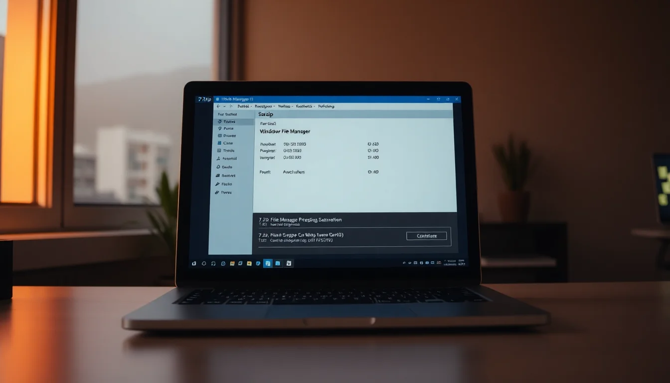 Windows laptop showing 7-Zip File Manager with test results for archive integrity verification and backup archive files on desktop workspace