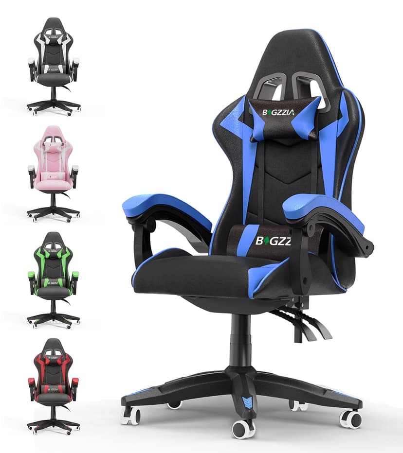bigzzia Gaming Chair – Ergonomic Gaming Chair with Lumbar Cushion + Headrest – PU Leather Height Adjustable Office Chair – Gaming Chair for Adults Children – Blue
