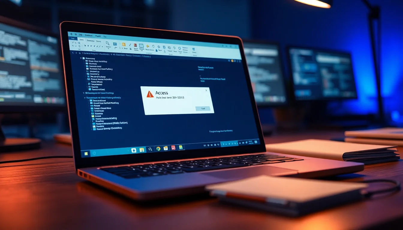 A Windows laptop on a desk showing Microsoft Access error dialog box with 3343 code and unrecognized database format message, blue office lighting, focused technical atmosphere