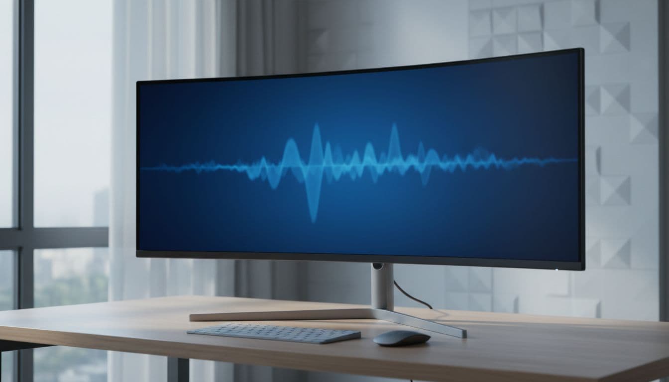 Acer 34-inch ultrawide monitor on a modern desk showing no signal error message on a dark screen