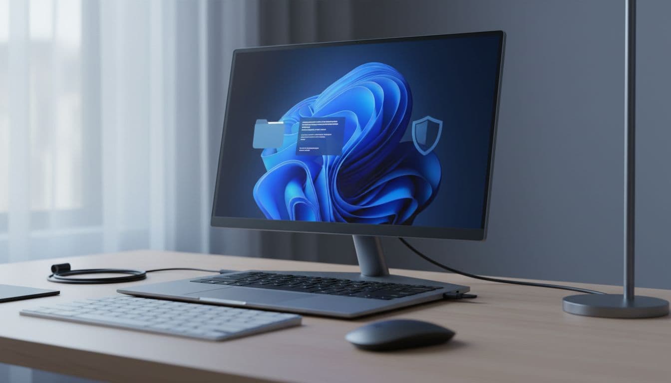 Windows 11 laptop on a modern desk showing a file permissions error dialog with folder icons and a security shield warning