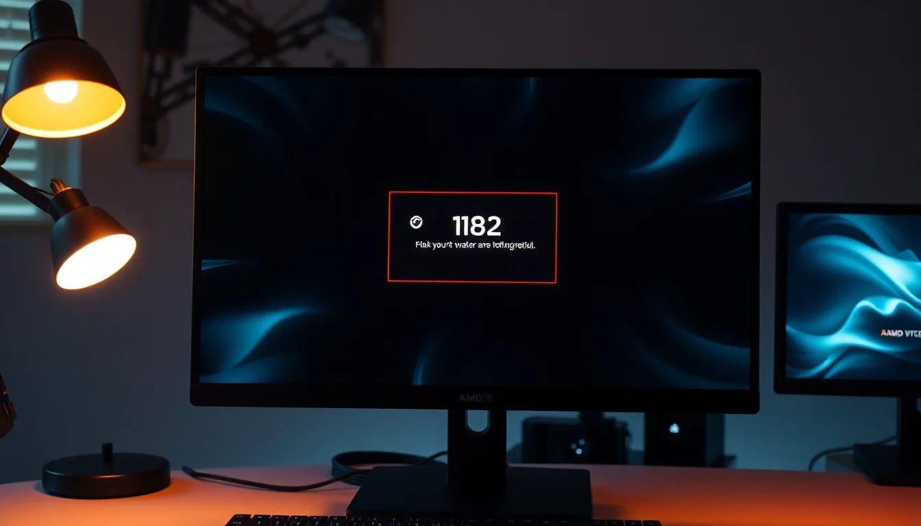Windows 11 desktop displaying AMD Software error 182 notification on a modern monitor, warm desk lighting with tech workspace background, focused diagnostic atmosphere