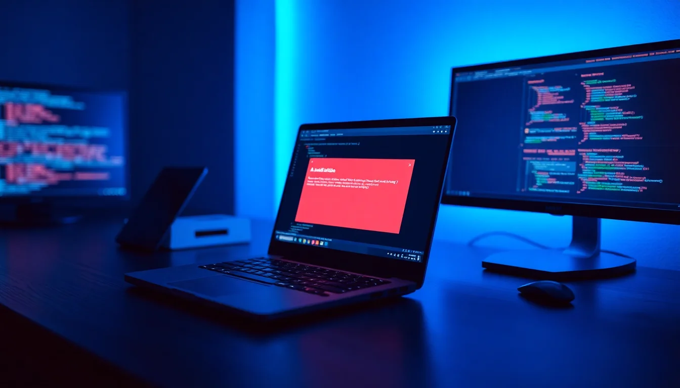 Android Studio IDE on a developer laptop showing emulator process terminated error message on a dark desk