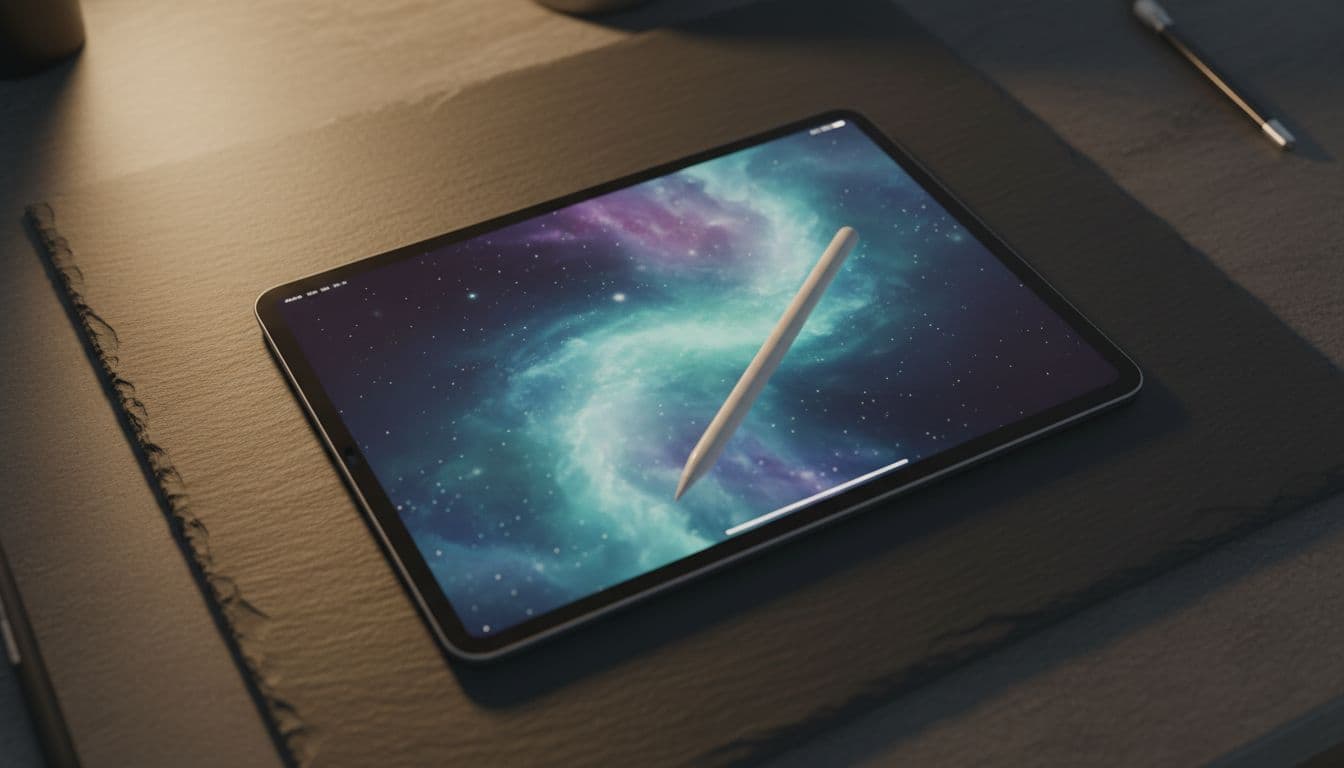 iPad Pro on a grey workbench with Apple Pencil resting on screen showing unresponsive touch after a screen replacement repair