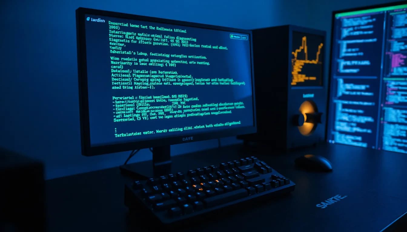 Arch Linux terminal on a dark desk showing PipeWire and alsamixer commands for audio screen capture troubleshooting