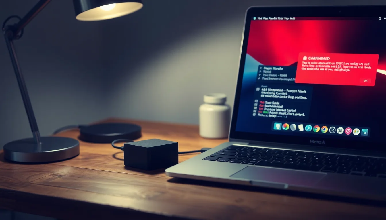 External hard drive connected to a laptop on a wooden desk showing a backup error warning on screen in dim focused lighting