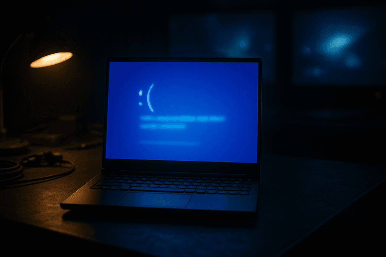 ASUS ROG gaming laptop on a dark desk showing a blue screen of death error during idle power transition