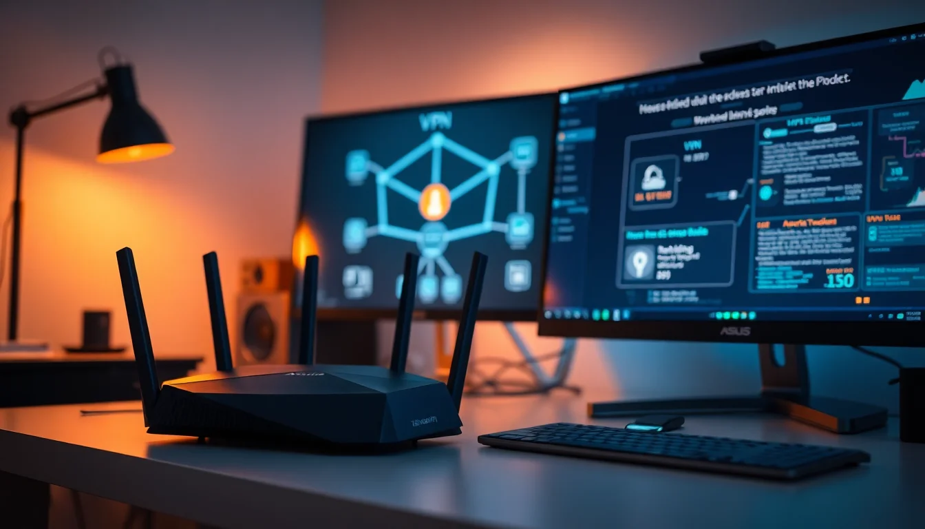 ASUS XT8 ZenWifi router on a home office desk with VPN and LAN network diagram on screen beside it