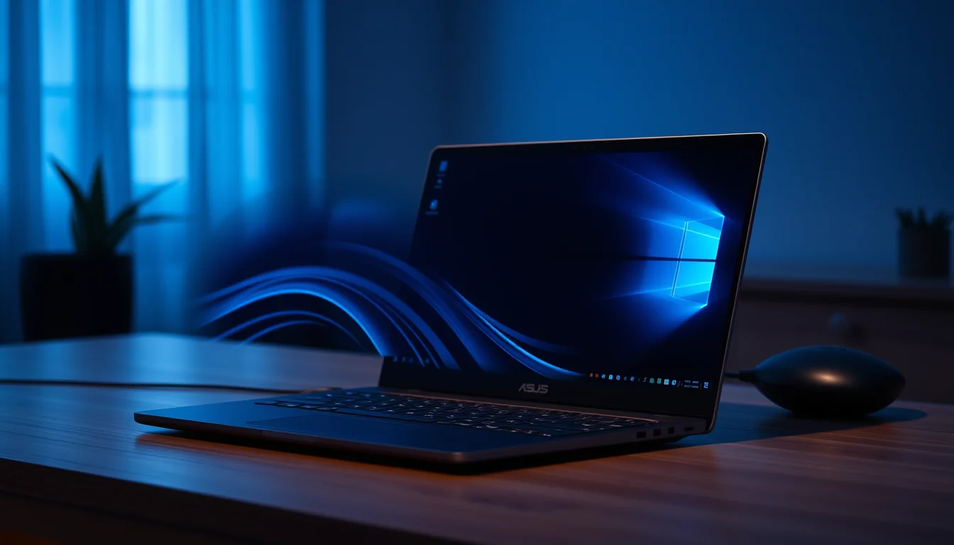 ASUS Zenbook laptop on a desk with cursor moving erratically on screen showing touchpad ghost touching problem