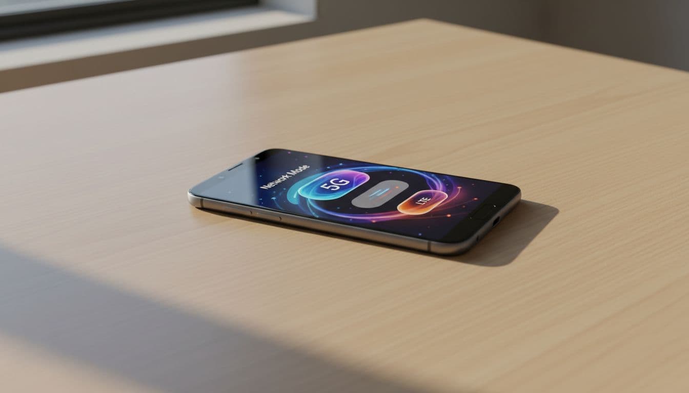 Android phone on a wooden desk displaying network settings with 5G and LTE options visible on screen