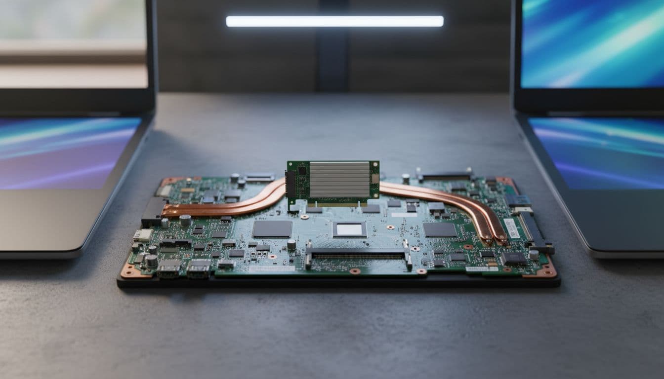 Intel BE200 M.2 Wi-Fi 7 card held above an open laptop motherboard on a slate workbench showing M.2 slot