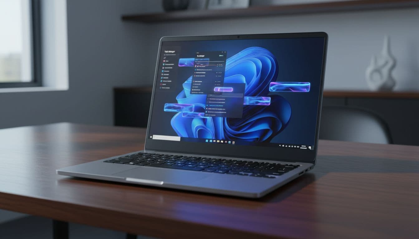 Windows 11 laptop on a dark desk showing Task Manager with high CPU usage from background processes highlighted in red
