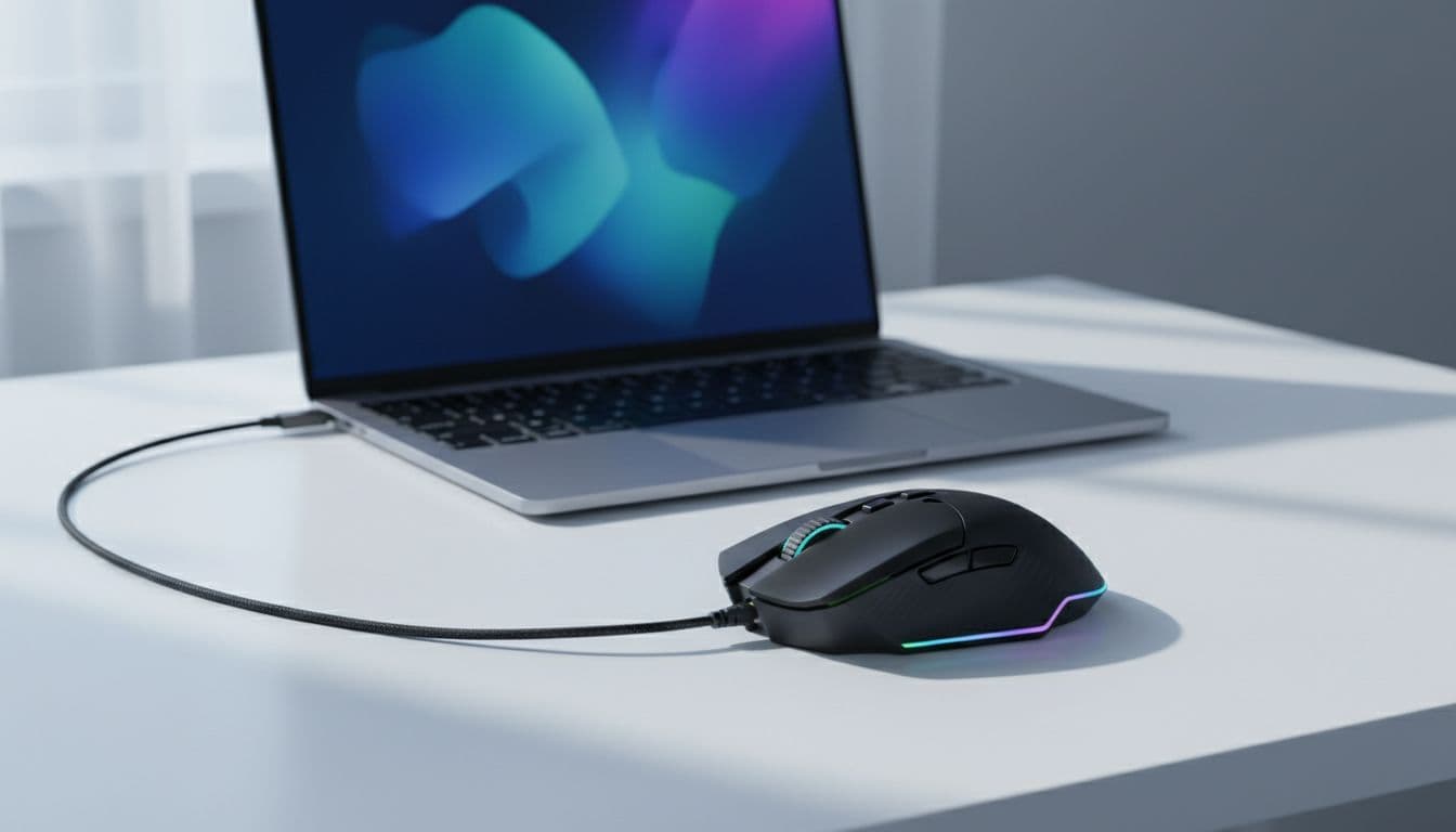 Razer Basilisk V3 wired gaming mouse connected to a MacBook on a clean modern desk showing Razer Synapse unsupported device error on screen