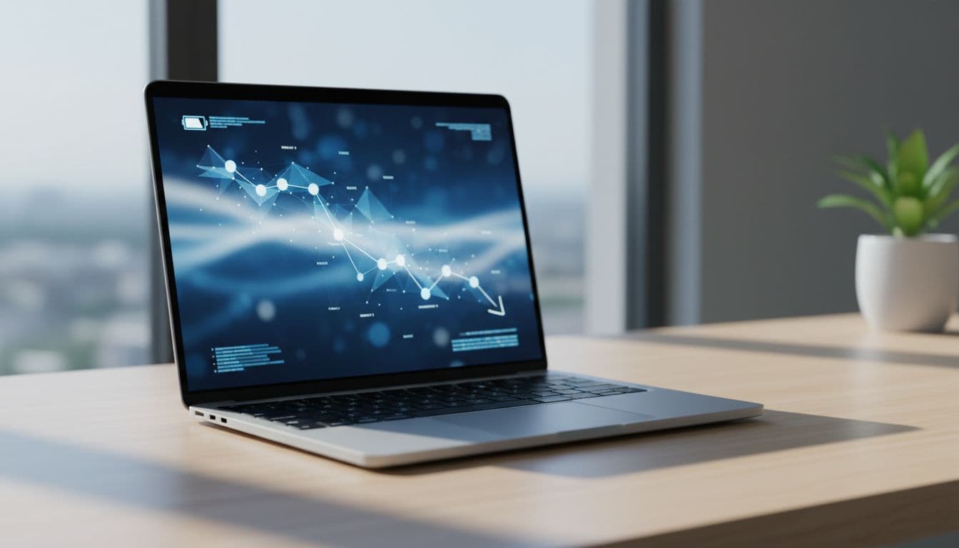 A laptop on a wooden desk showing a Windows battery report with declining capacity graph and low charge warning