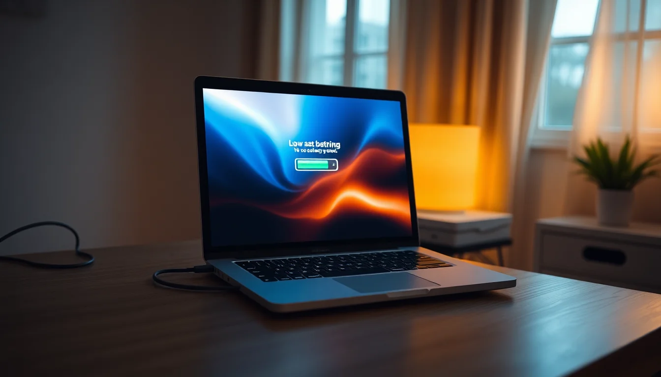 Windows laptop on a desk showing plugged in not charging notification with charger cable connected beside it