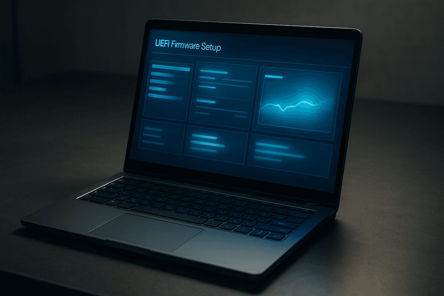 Windows 11 laptop on a dark desk showing UEFI firmware settings screen with BCDEdit command prompt open beside it