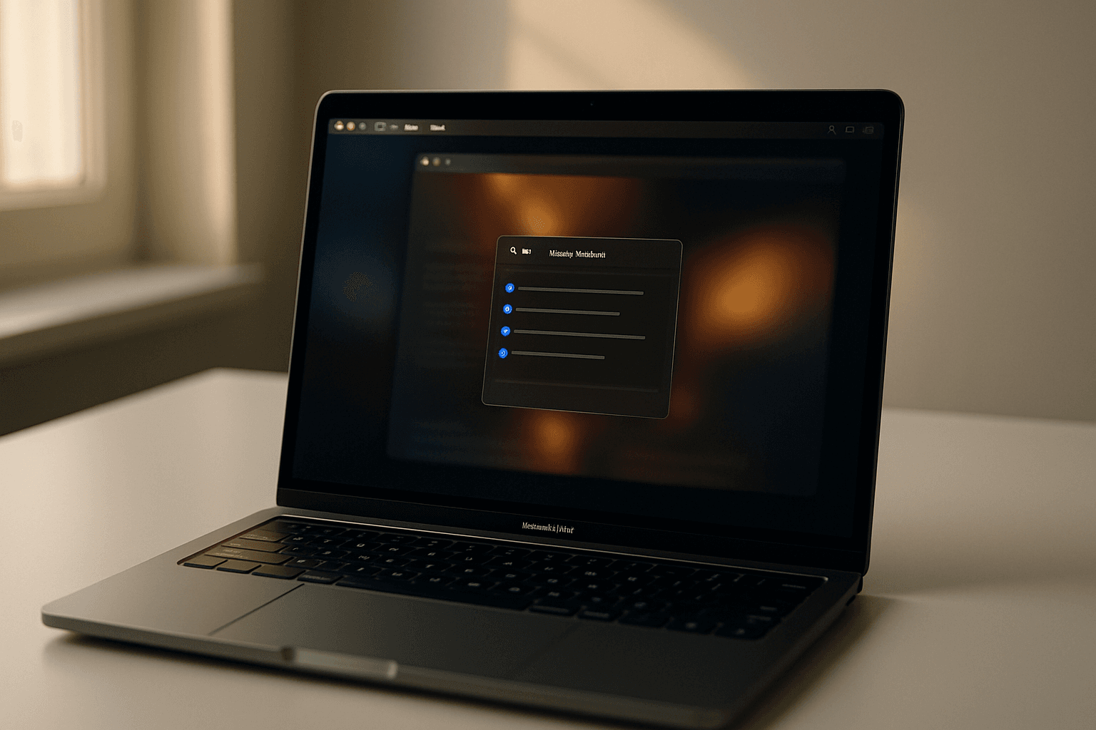MacBook Pro on a clean desk showing Safari browser with ad blocker extension panel open and ads removed from webpage