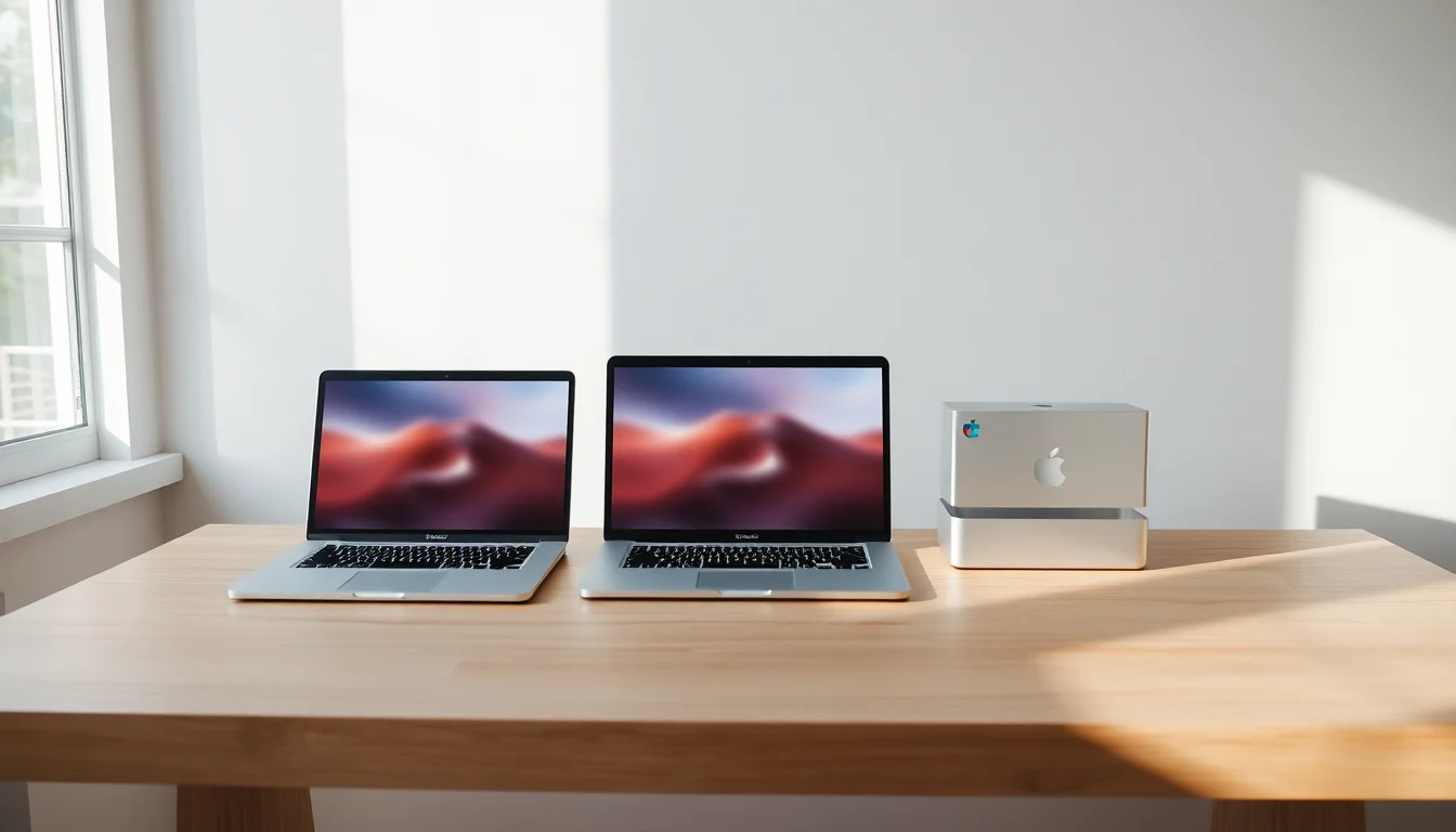 MacBook Air MacBook Pro and Mac mini arranged side by side on a clean modern wooden desk for comparison