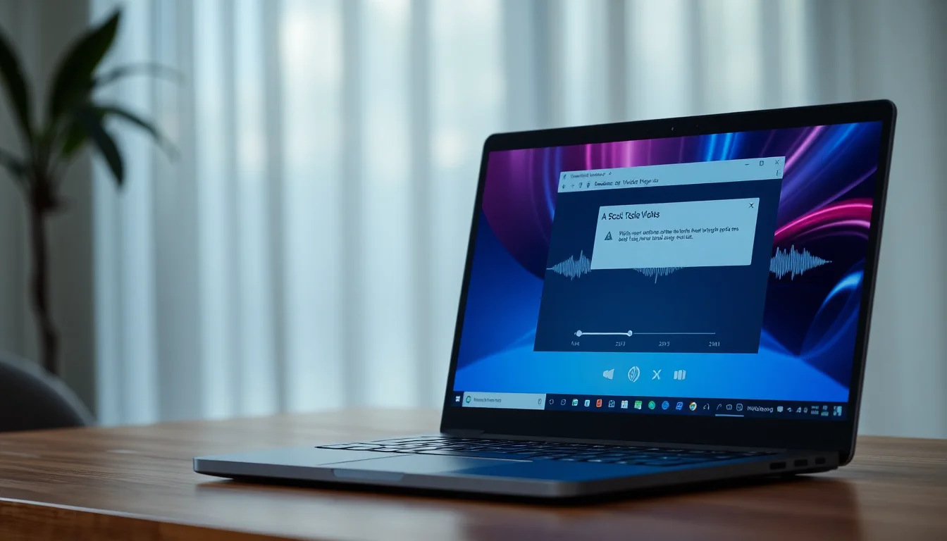 Windows 11 laptop on a clean desk showing Windows Media Player open with a corrupted library error on screen