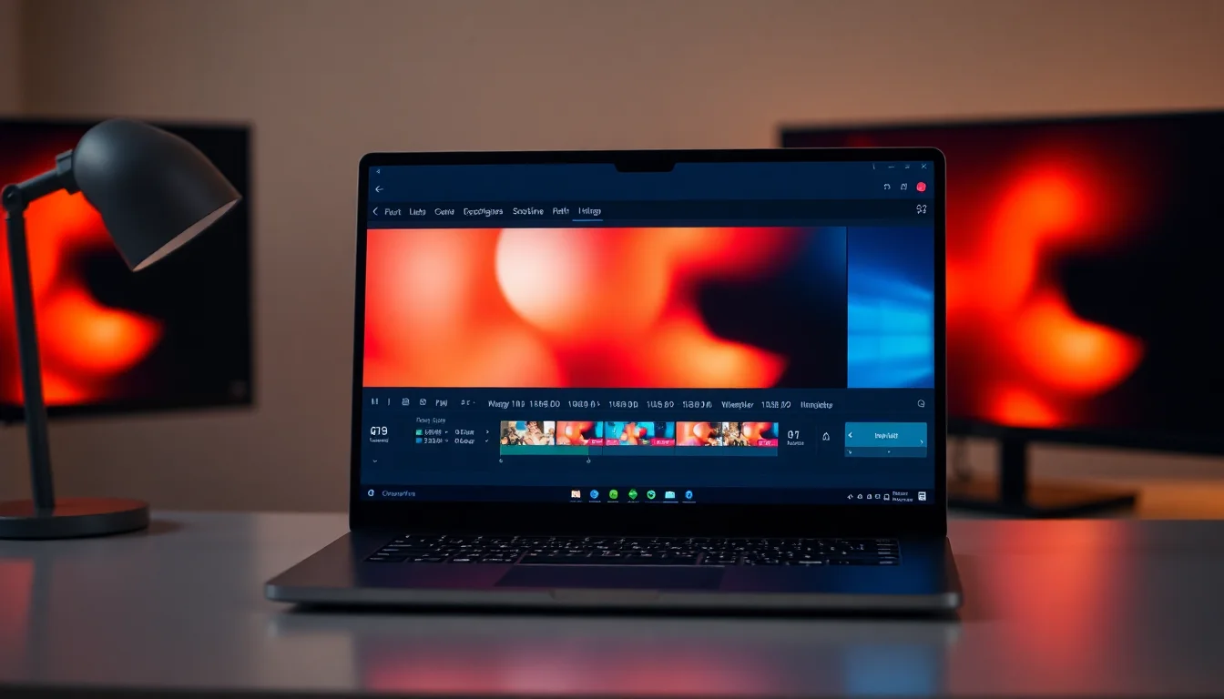A Windows 11 laptop on a modern desk showing a screen recording interface with timeline controls and capture area selection overlay
