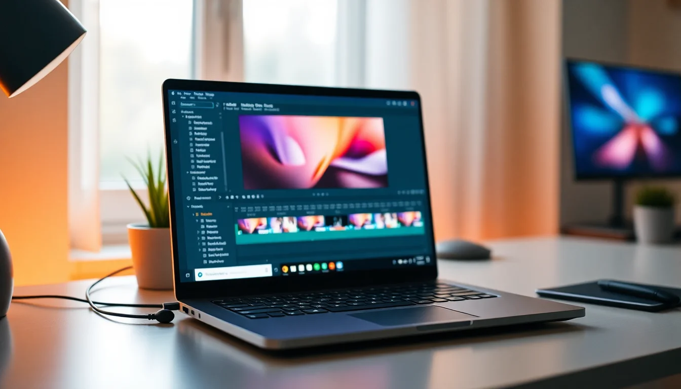 A Windows laptop on a modern desk showing a video timeline editor with colourful clips arranged in sequence