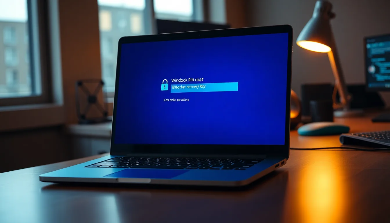 Windows 11 BitLocker recovery screen on a laptop monitor with recovery key ID displayed, warm desk lighting, focused troubleshooting atmosphere