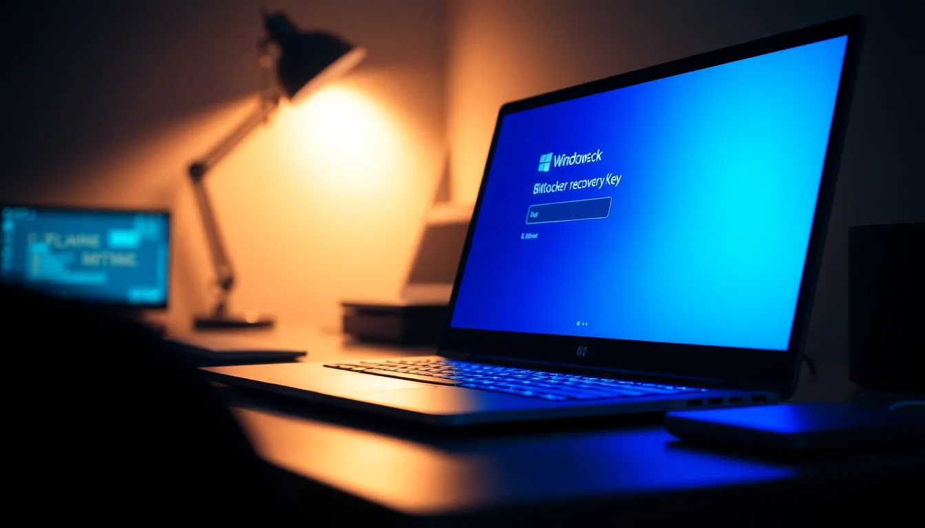 Windows laptop on a dark desk showing BitLocker recovery key entry screen with blue login prompt glowing in dim light