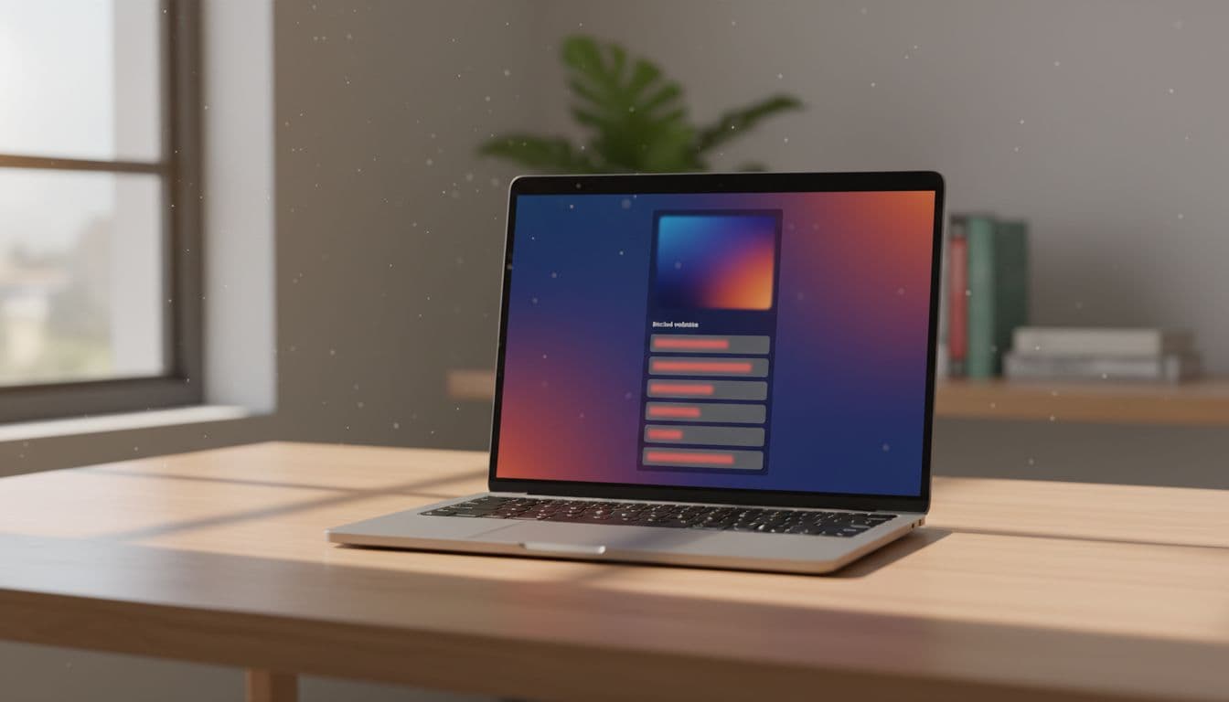 MacBook on a wooden desk showing Screen Time web content restrictions settings with blocked website list open