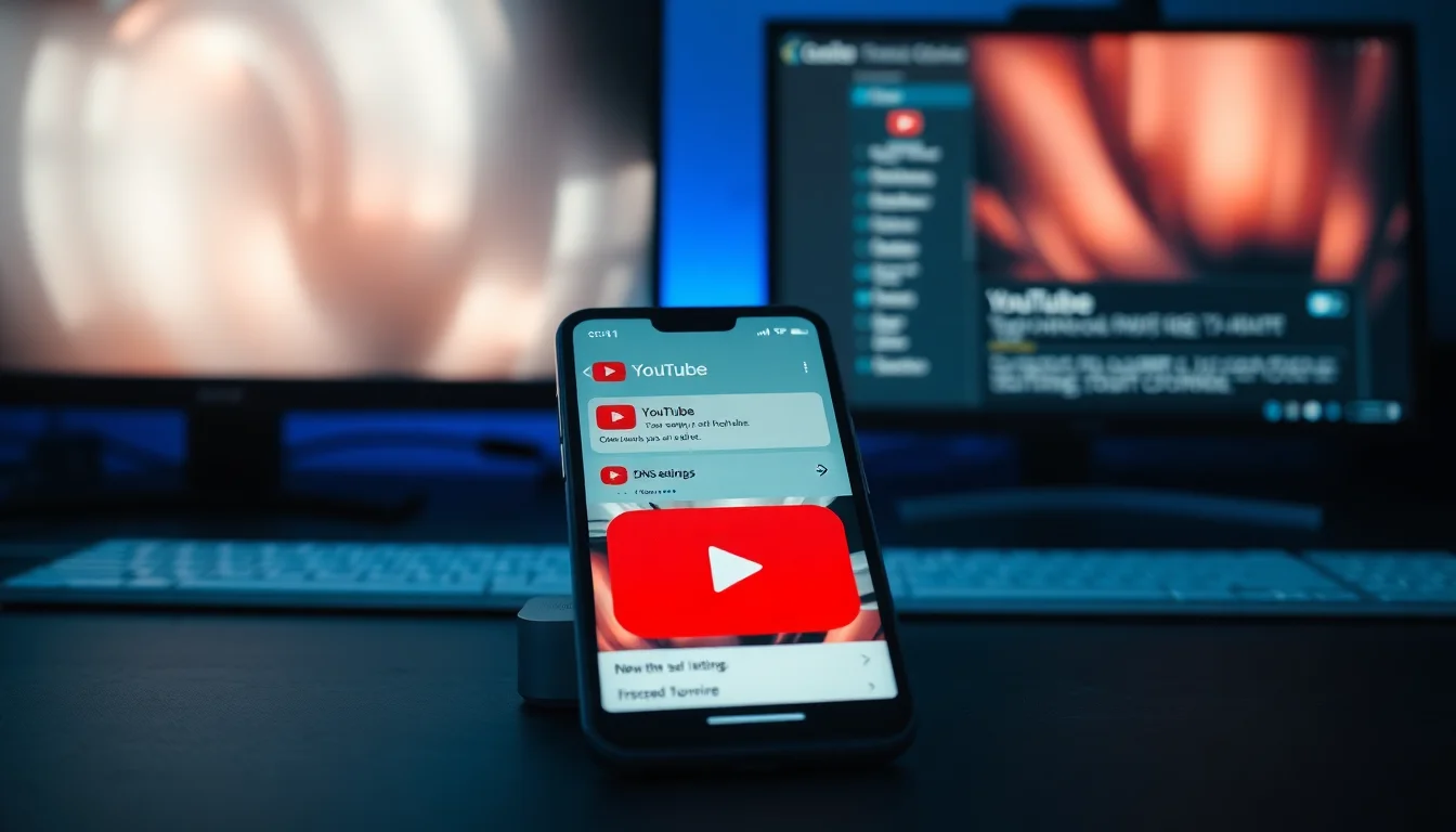 A smartphone on a dark desk showing the YouTube app with a blocked ad overlay and a DNS filtering settings screen visible
