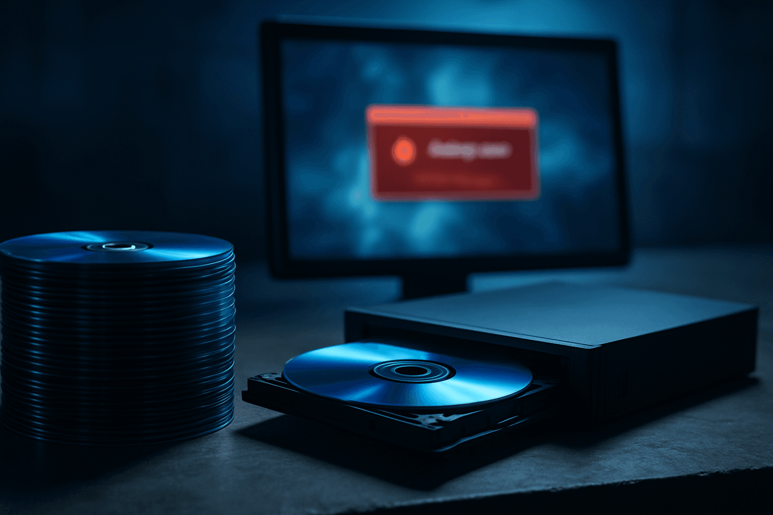 Stack of Blu-ray discs next to an open optical drive on a dark workbench showing backup software error on a monitor