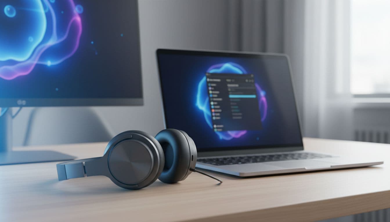 Bluetooth headphones resting on a desk next to a Windows laptop showing audio settings panel with static interference