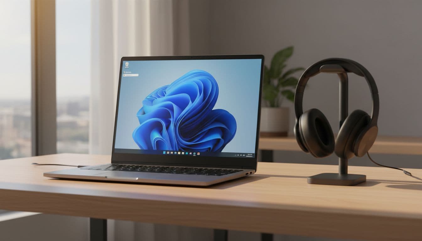 Windows 11 laptop on a desk showing Bluetooth settings panel with wireless headphones placed beside it