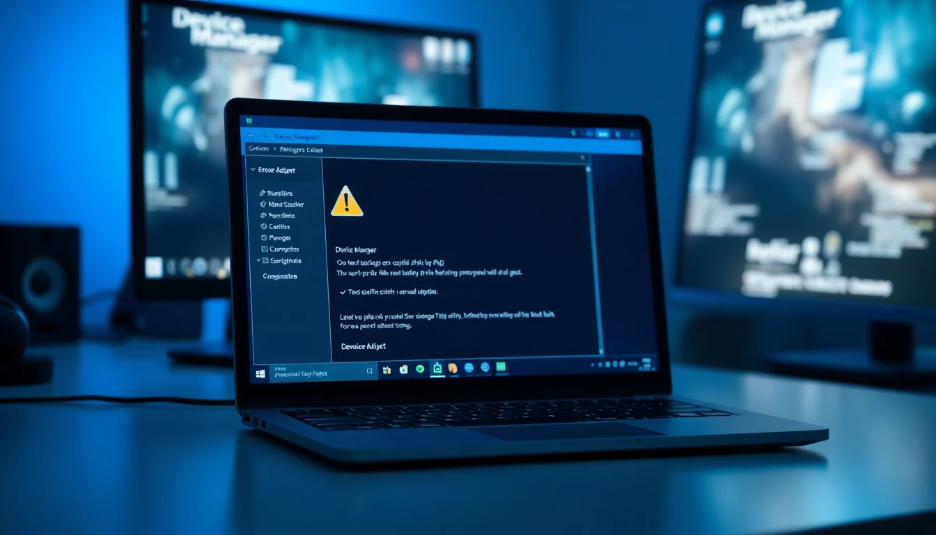 Windows laptop on a desk showing Bluetooth settings with no devices found error in Device Manager open beside it