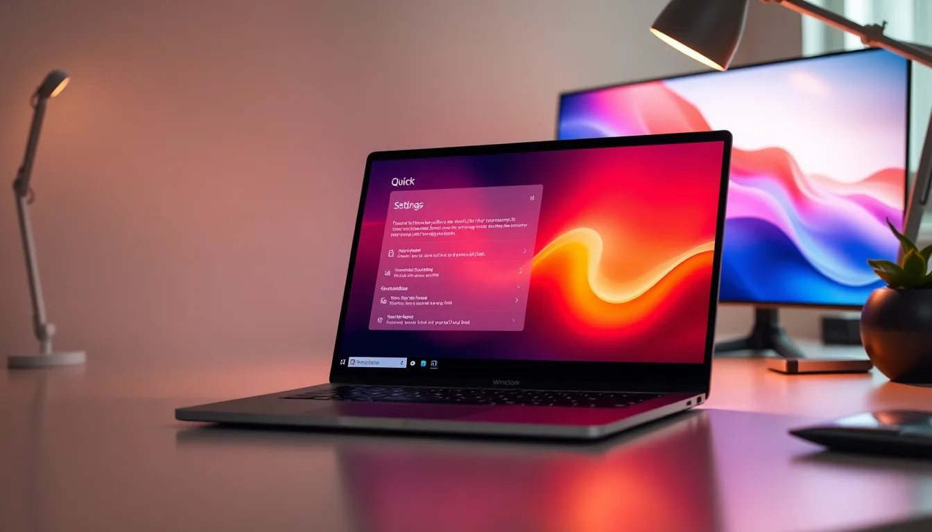 Close-up of Windows 11 Quick Settings panel on a laptop screen showing Bluetooth icon missing from notification controls, modern desk lighting, focused professional atmosphere
