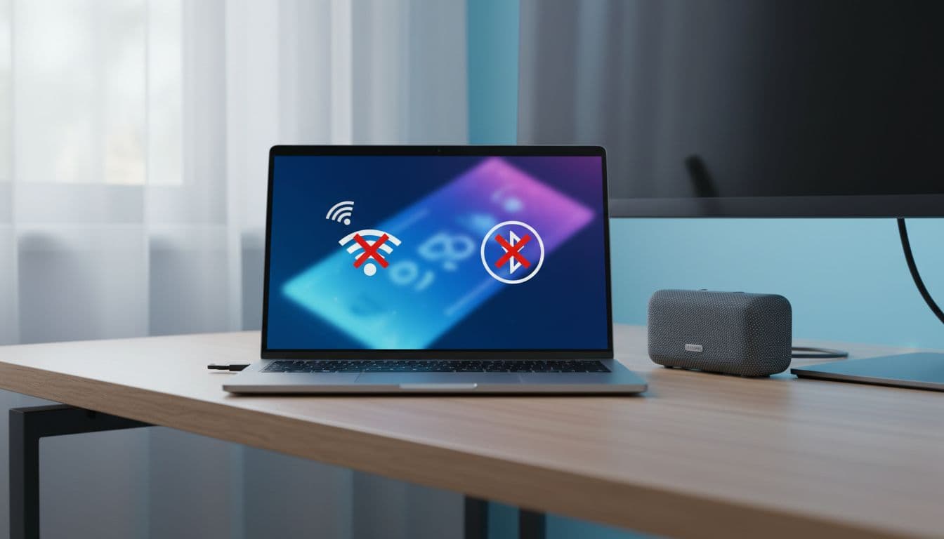 A Windows laptop on a desk with Bluetooth speaker nearby showing wireless connectivity icons with red warning symbols indicating Bluetooth Wi-Fi dropping